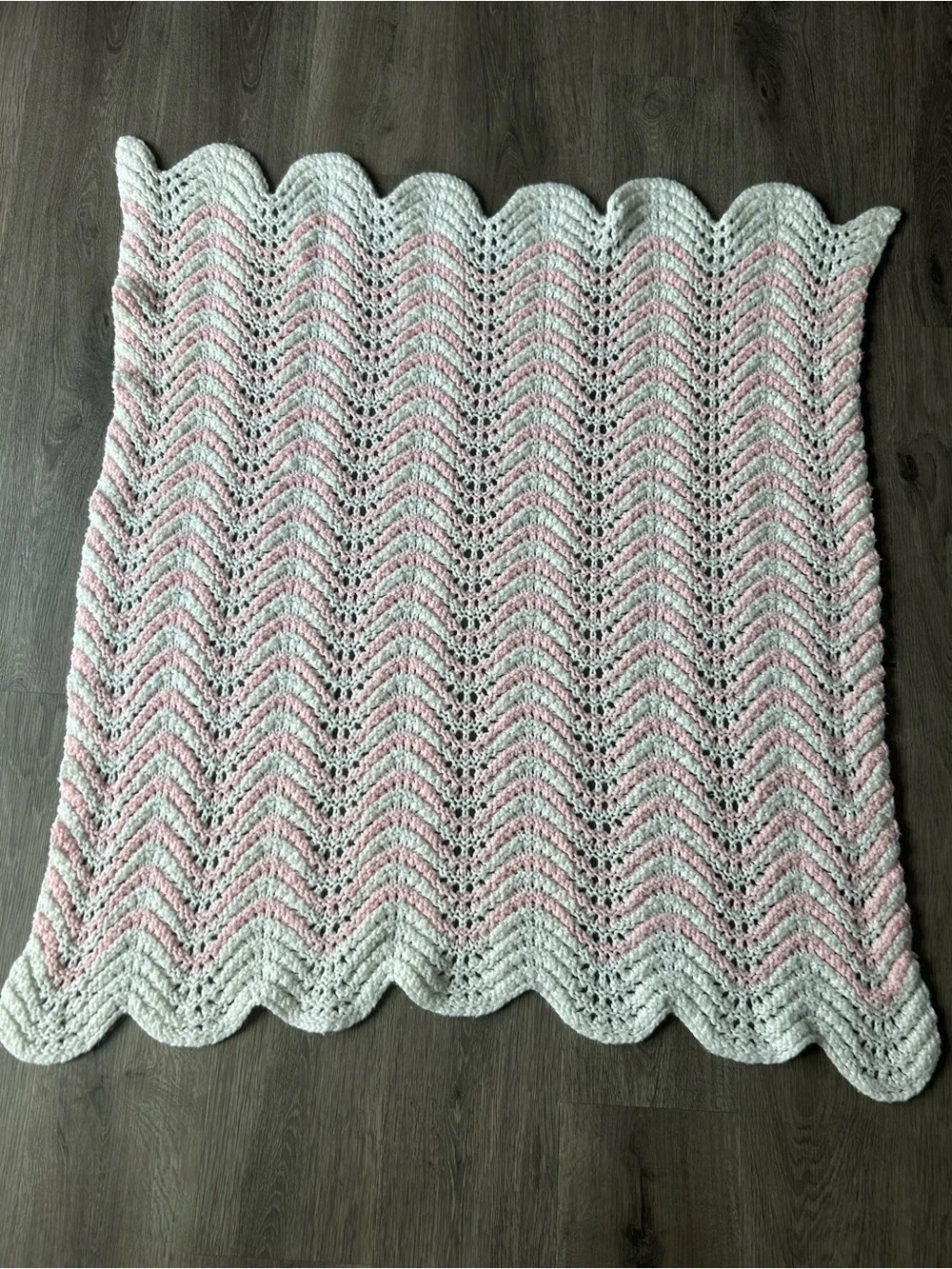 Handmade Knit Baby Blanket Pink White Crochet Cotton Afghan 38x40 Nursery Decor